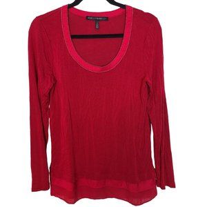 White House Black Market Womens S Red Long Sleeves Scoop Neck Layered Hem Top